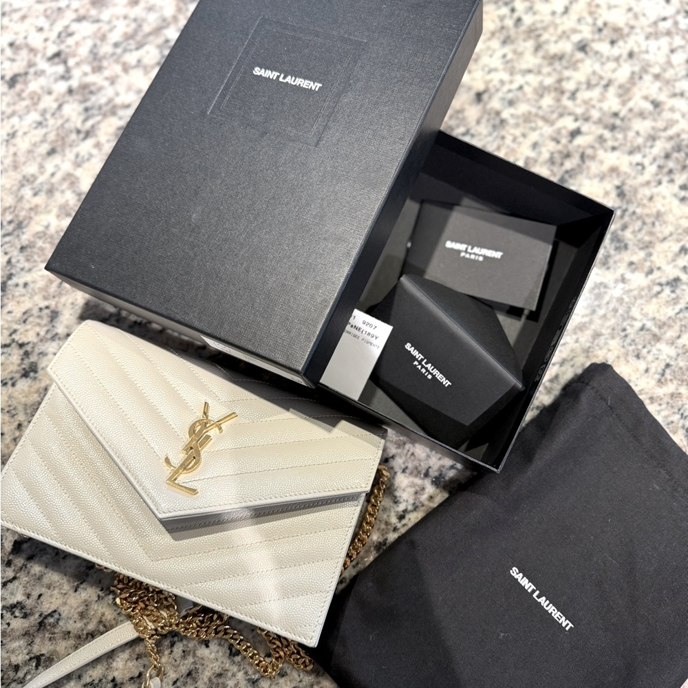 Saint Laurent Monogram Small Wallet on Chain in Grained Leather, White